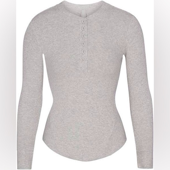 SKIMS Cotton Rib Henley | Light Heather Grey | Size XL - Picture 3 of 6